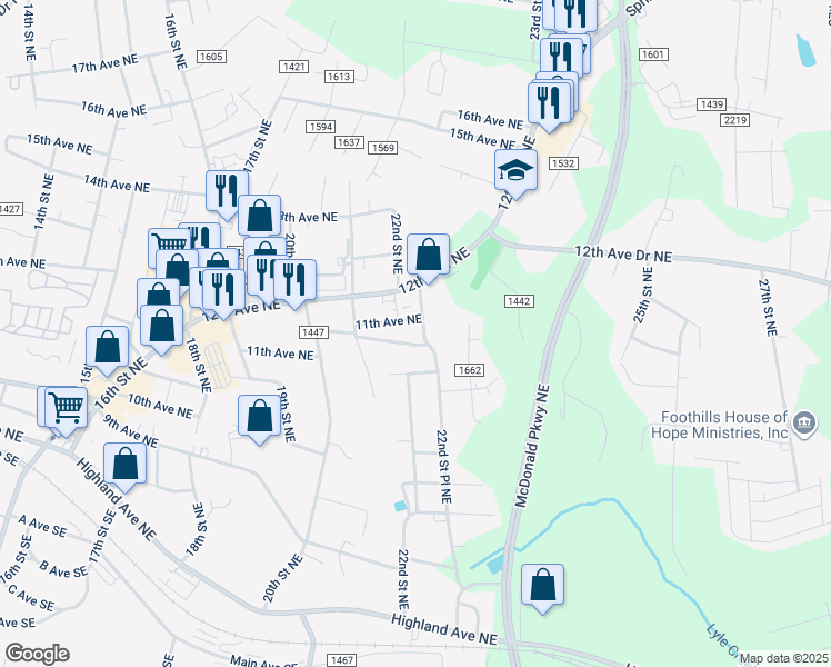 map of restaurants, bars, coffee shops, grocery stores, and more near 1091 22nd Street Northeast in Hickory