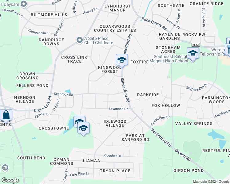 map of restaurants, bars, coffee shops, grocery stores, and more near 1313 Seabrook Road in Raleigh