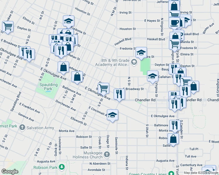 map of restaurants, bars, coffee shops, grocery stores, and more near 124 North P Street in Muskogee