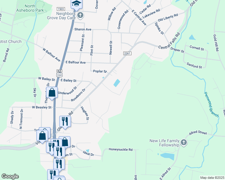 map of restaurants, bars, coffee shops, grocery stores, and more near 507 Turner Street in Asheboro