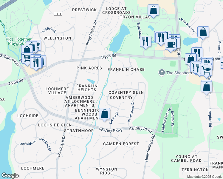 map of restaurants, bars, coffee shops, grocery stores, and more near 404 Cricketfield Lane in Cary