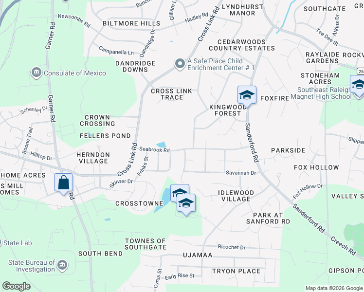 map of restaurants, bars, coffee shops, grocery stores, and more near 1101 Seabrook Road in Raleigh