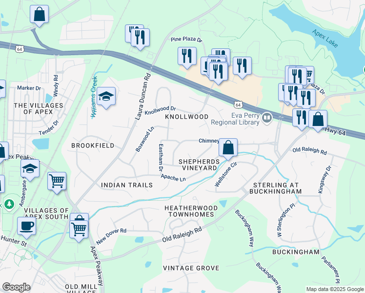 map of restaurants, bars, coffee shops, grocery stores, and more near 1219 Chimney Hill Drive in Apex