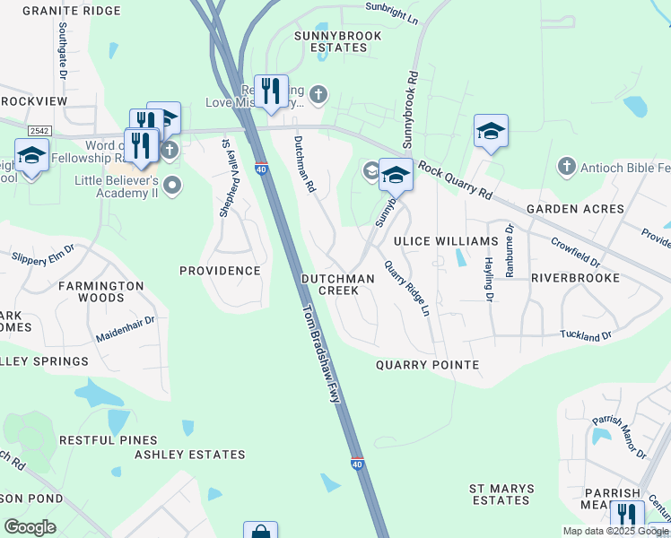 map of restaurants, bars, coffee shops, grocery stores, and more near 2701 Summer Stream Drive in Raleigh