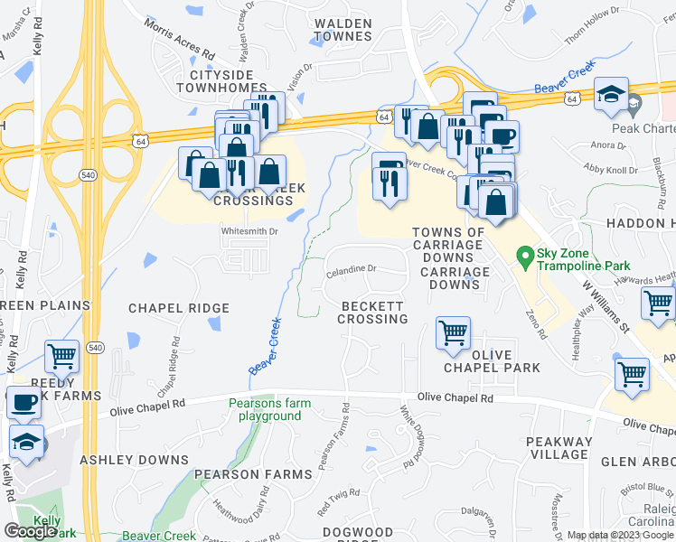 map of restaurants, bars, coffee shops, grocery stores, and more near 1200 Celandine Drive in Apex