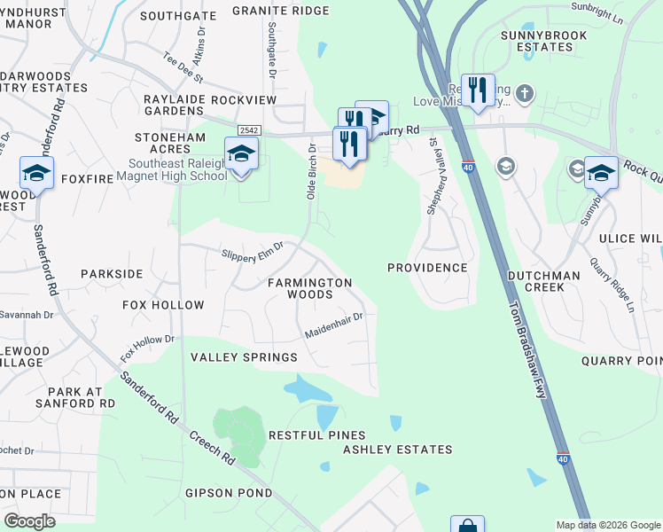 map of restaurants, bars, coffee shops, grocery stores, and more near 3137 Slippery Elm Drive in Raleigh