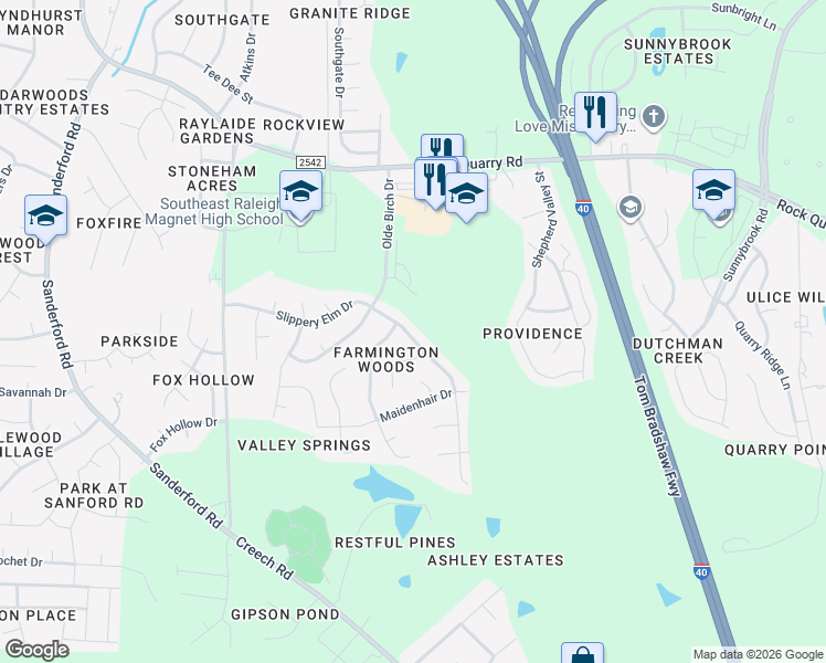 map of restaurants, bars, coffee shops, grocery stores, and more near 3137 Slippery Elm Drive in Raleigh