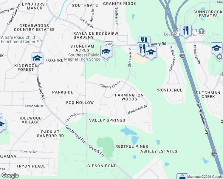 map of restaurants, bars, coffee shops, grocery stores, and more near 3105 Olde Birch Drive in Raleigh