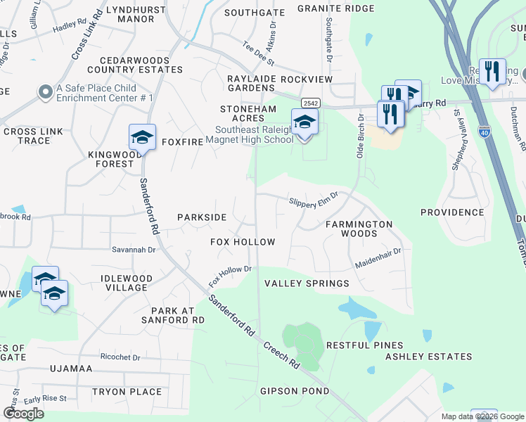 map of restaurants, bars, coffee shops, grocery stores, and more near 2812 Red Alder Court in Raleigh