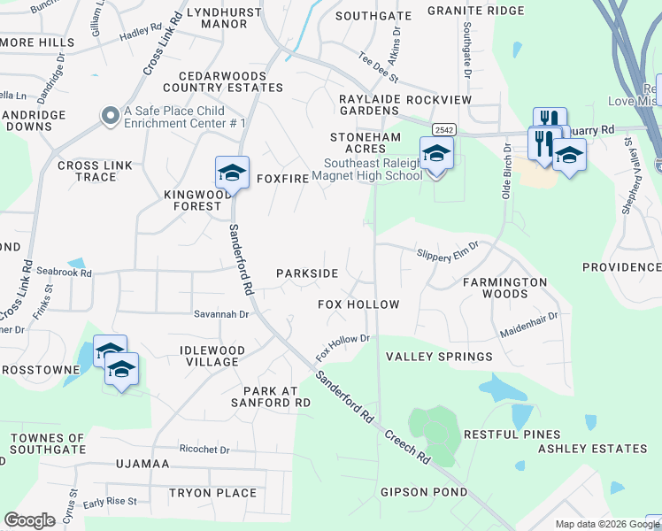 map of restaurants, bars, coffee shops, grocery stores, and more near 2616 Adcox Place in Raleigh