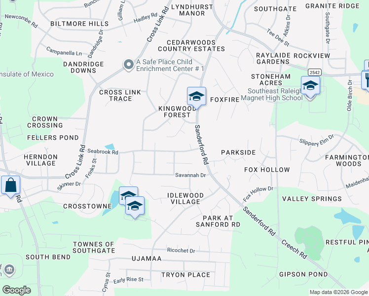 map of restaurants, bars, coffee shops, grocery stores, and more near 1313 Seabrook Road in Raleigh
