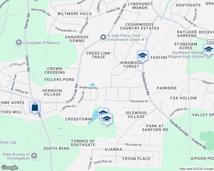 map of restaurants, bars, coffee shops, grocery stores, and more near 1101 Seabrook Road in Raleigh