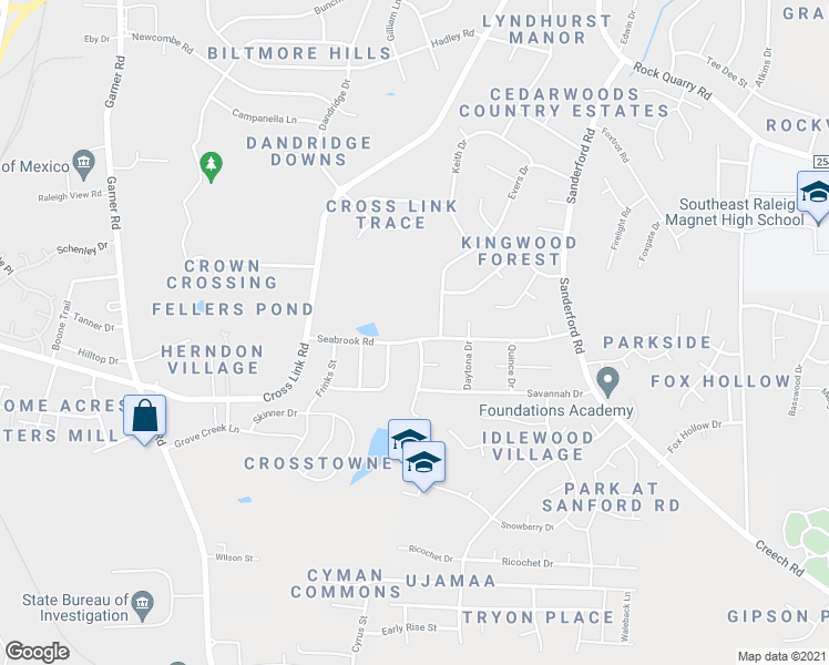 map of restaurants, bars, coffee shops, grocery stores, and more near 1101 Seabrook Road in Raleigh