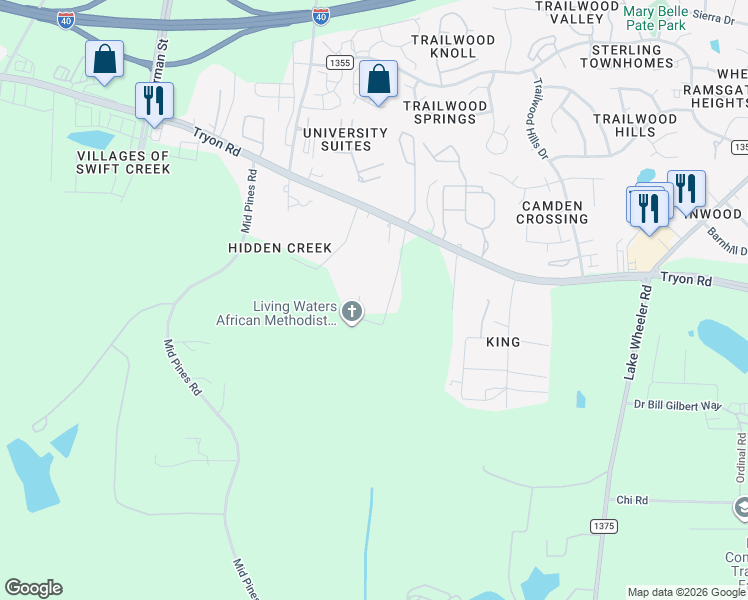 map of restaurants, bars, coffee shops, grocery stores, and more near 2804 Alpha Drive in Raleigh