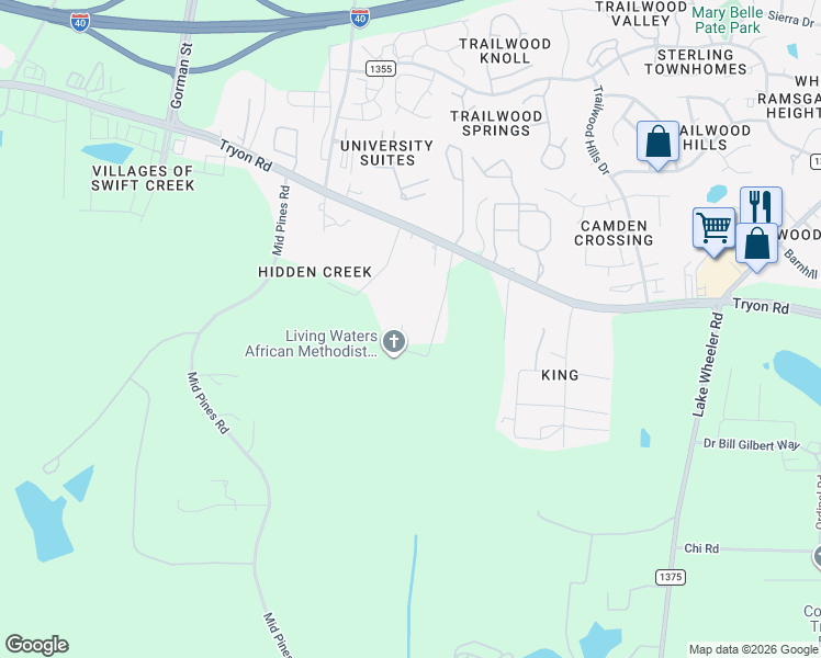 map of restaurants, bars, coffee shops, grocery stores, and more near 3312 Cedar Springs Drive in Raleigh