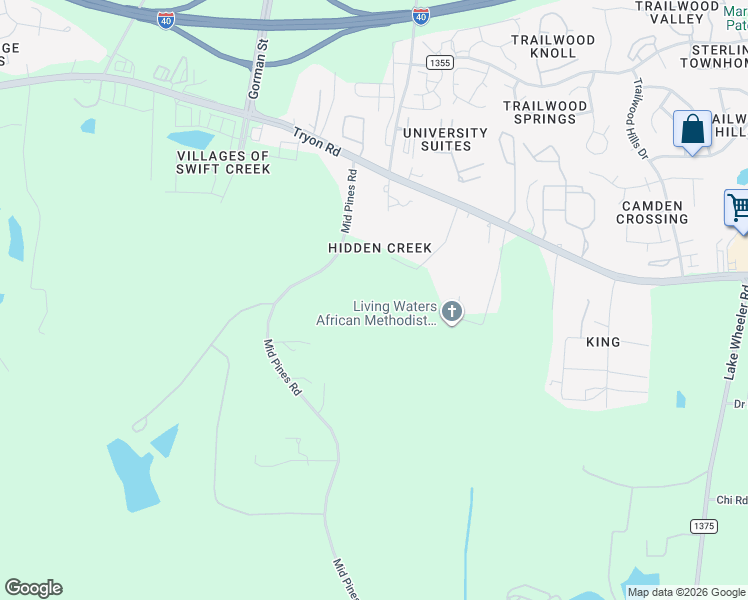 map of restaurants, bars, coffee shops, grocery stores, and more near 2523 Mid Pines Road in Raleigh