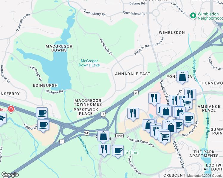 map of restaurants, bars, coffee shops, grocery stores, and more near 317 Glasgow Road in Cary