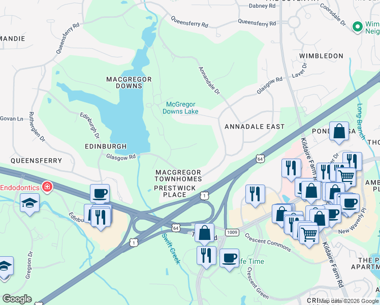 map of restaurants, bars, coffee shops, grocery stores, and more near 226 Kelso Court in Cary