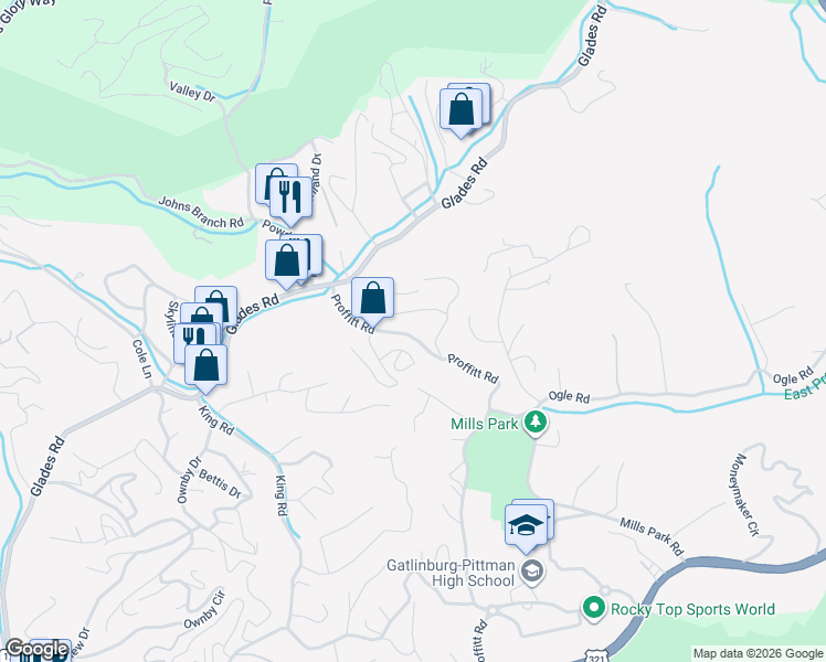 map of restaurants, bars, coffee shops, grocery stores, and more near 489 Proffitt Road in Gatlinburg