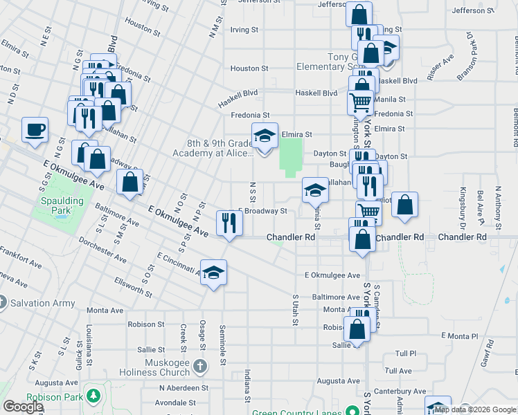 map of restaurants, bars, coffee shops, grocery stores, and more near 1801 East Broadway Avenue in Muskogee
