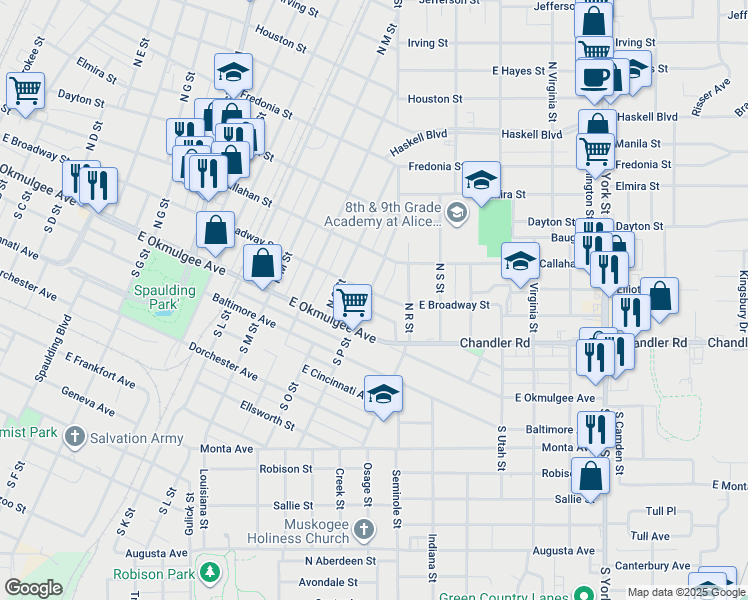map of restaurants, bars, coffee shops, grocery stores, and more near 124 North P Street in Muskogee