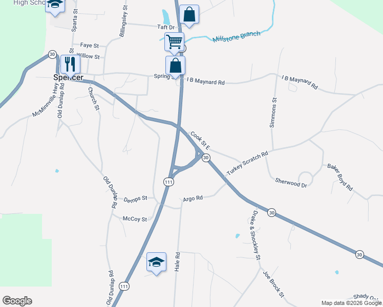 map of restaurants, bars, coffee shops, grocery stores, and more near 876 College Street in Spencer