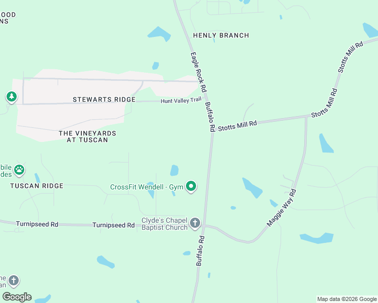 map of restaurants, bars, coffee shops, grocery stores, and more near 16975 Buffalo Road in Wendell