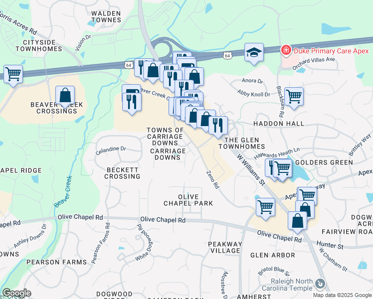 map of restaurants, bars, coffee shops, grocery stores, and more near 104 Troyer Place in Apex