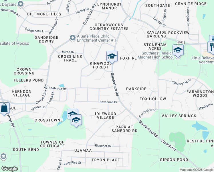 map of restaurants, bars, coffee shops, grocery stores, and more near 1313 Seabrook Road in Raleigh