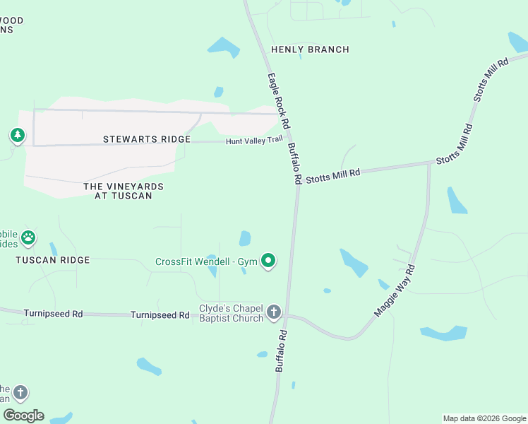 map of restaurants, bars, coffee shops, grocery stores, and more near 16975 Buffalo Road in Wendell