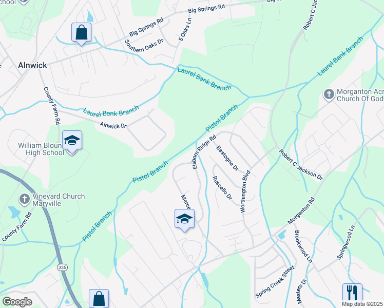 map of restaurants, bars, coffee shops, grocery stores, and more near 1005 Elsborn Ridge Road in Maryville