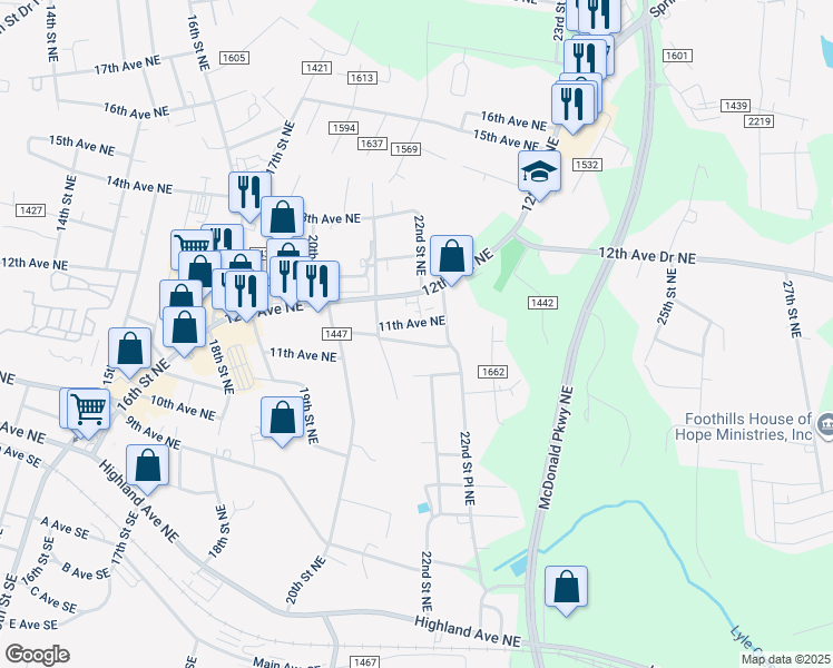 map of restaurants, bars, coffee shops, grocery stores, and more near 2158 11th Avenue Northeast in Hickory