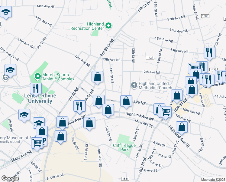 map of restaurants, bars, coffee shops, grocery stores, and more near 1098 10th Avenue Northeast in Hickory