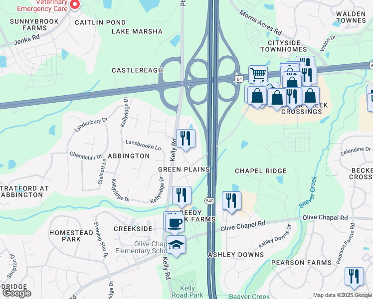 map of restaurants, bars, coffee shops, grocery stores, and more near 2280 Chattering Lory Lane in Apex