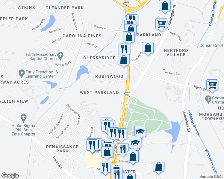 map of restaurants, bars, coffee shops, grocery stores, and more near 516 Peach Road in Raleigh