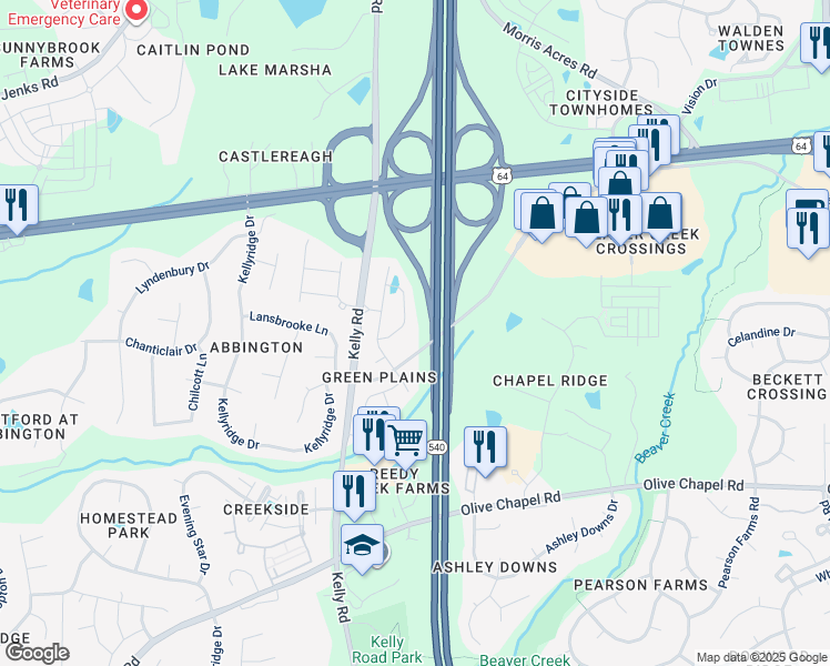 map of restaurants, bars, coffee shops, grocery stores, and more near 2267 Chattering Lory Lane in Apex