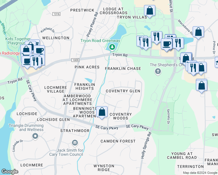 map of restaurants, bars, coffee shops, grocery stores, and more near 404 Cricketfield Lane in Cary