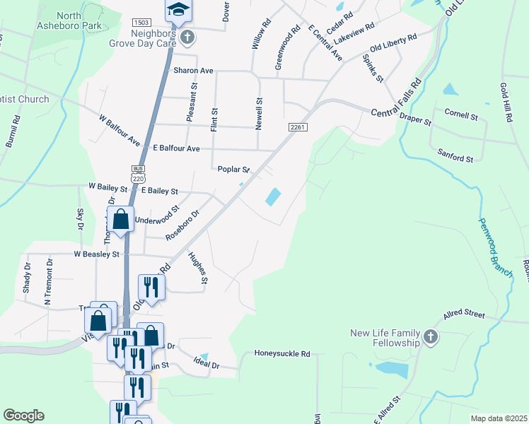map of restaurants, bars, coffee shops, grocery stores, and more near 507 Turner Street in Asheboro
