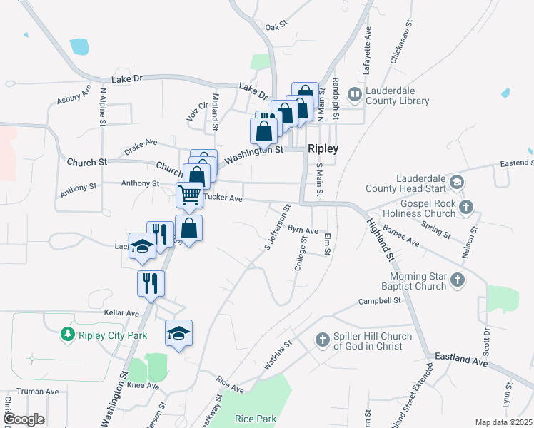 map of restaurants, bars, coffee shops, grocery stores, and more near 128 Wardlaw Circle in Ripley