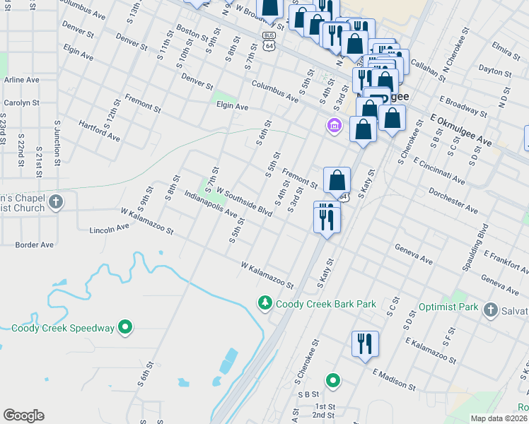 map of restaurants, bars, coffee shops, grocery stores, and more near 415 West Southside Boulevard in Muskogee