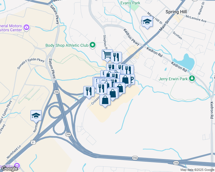 map of restaurants, bars, coffee shops, grocery stores, and more near 1001 Crossings Boulevard in Spring Hill