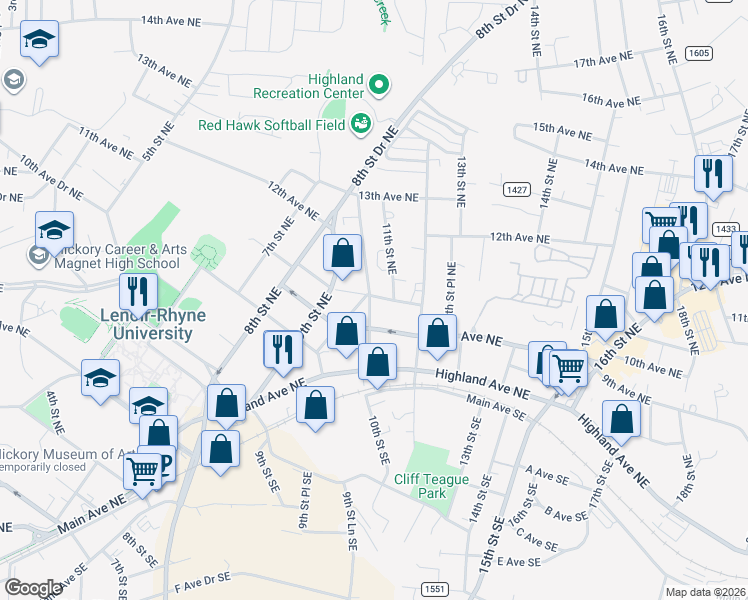 map of restaurants, bars, coffee shops, grocery stores, and more near 1000-1098 10th Avenue Northeast in Hickory