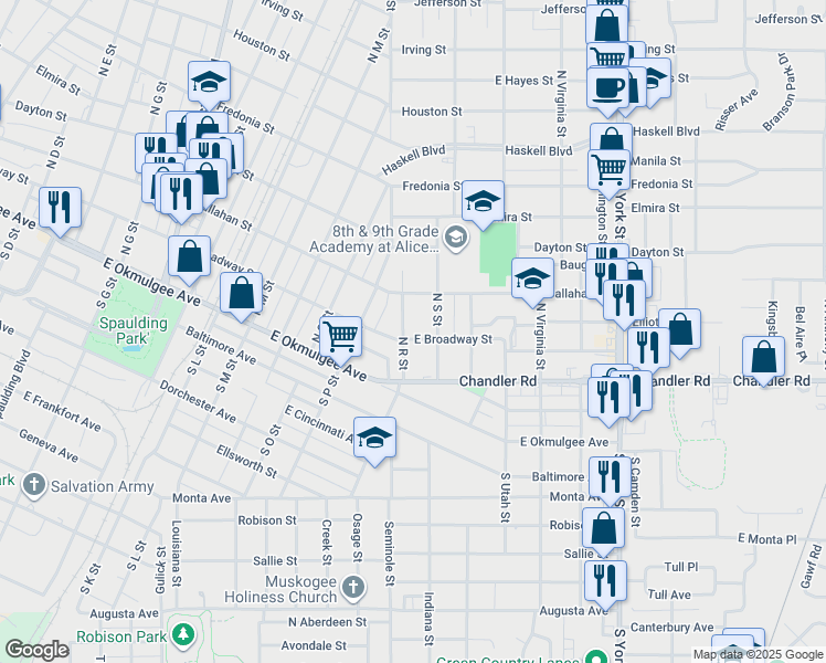 map of restaurants, bars, coffee shops, grocery stores, and more near 1704 East Broadway Street in Muskogee