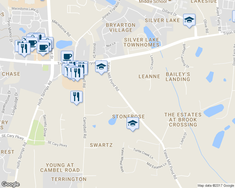 map of restaurants, bars, coffee shops, grocery stores, and more near 6113 Yates Mill Pond Road in Raleigh