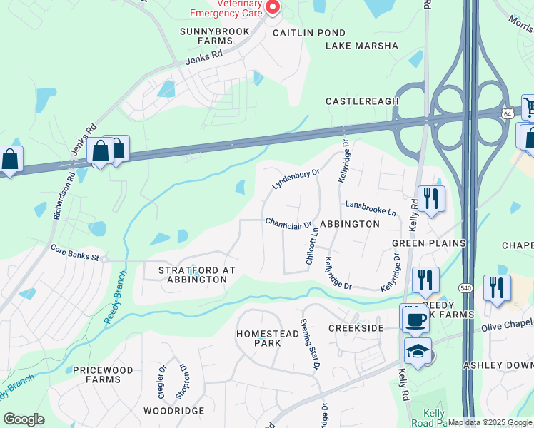 map of restaurants, bars, coffee shops, grocery stores, and more near 402 Lyndenbury Drive in Apex