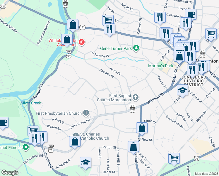 map of restaurants, bars, coffee shops, grocery stores, and more near 212 Riverside Drive in Morganton