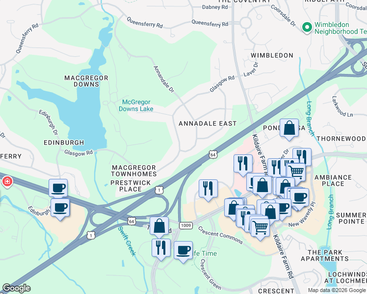 map of restaurants, bars, coffee shops, grocery stores, and more near 317 Glasgow Road in Cary