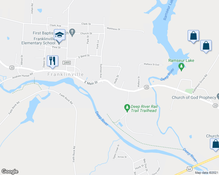 map of restaurants, bars, coffee shops, grocery stores, and more near 352 East Main Street in Franklinville