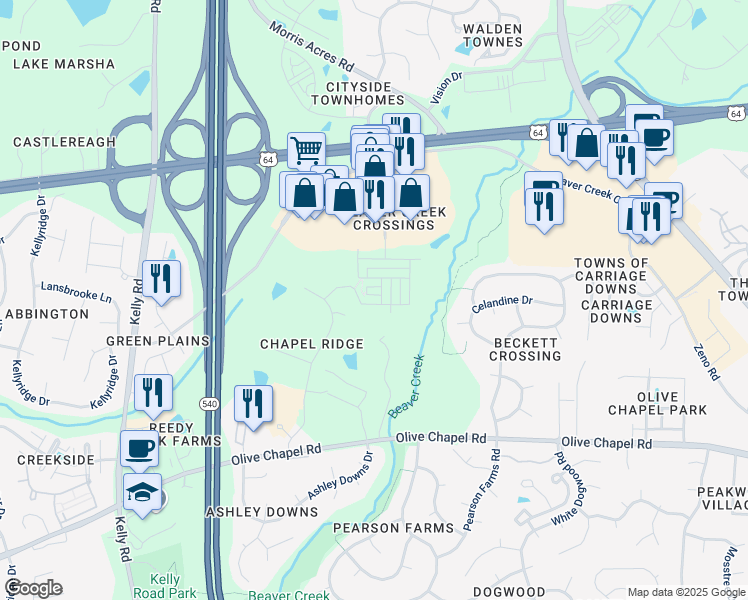 map of restaurants, bars, coffee shops, grocery stores, and more near 2048 Ackerman Hill Drive in Apex