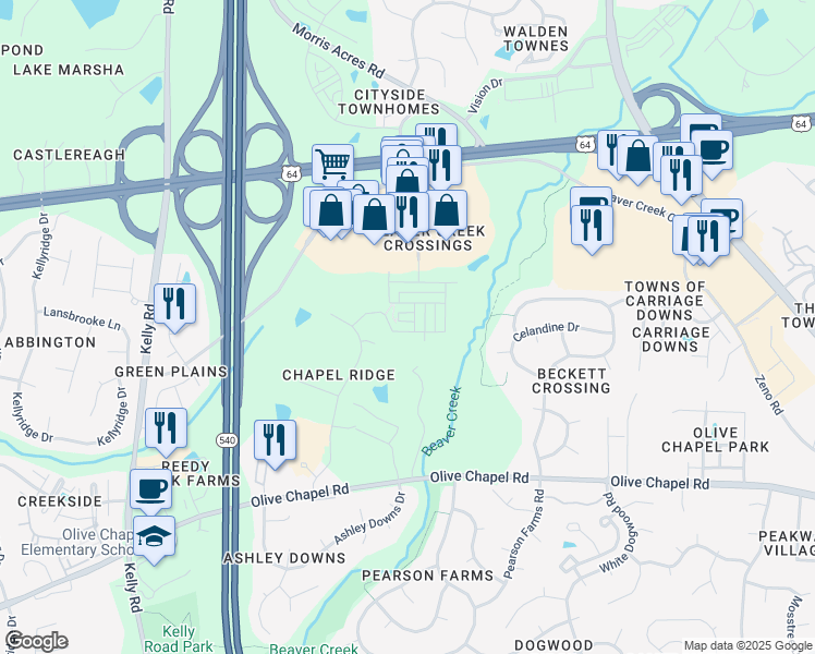 map of restaurants, bars, coffee shops, grocery stores, and more near 2046 Ackerman Hill Drive in Apex